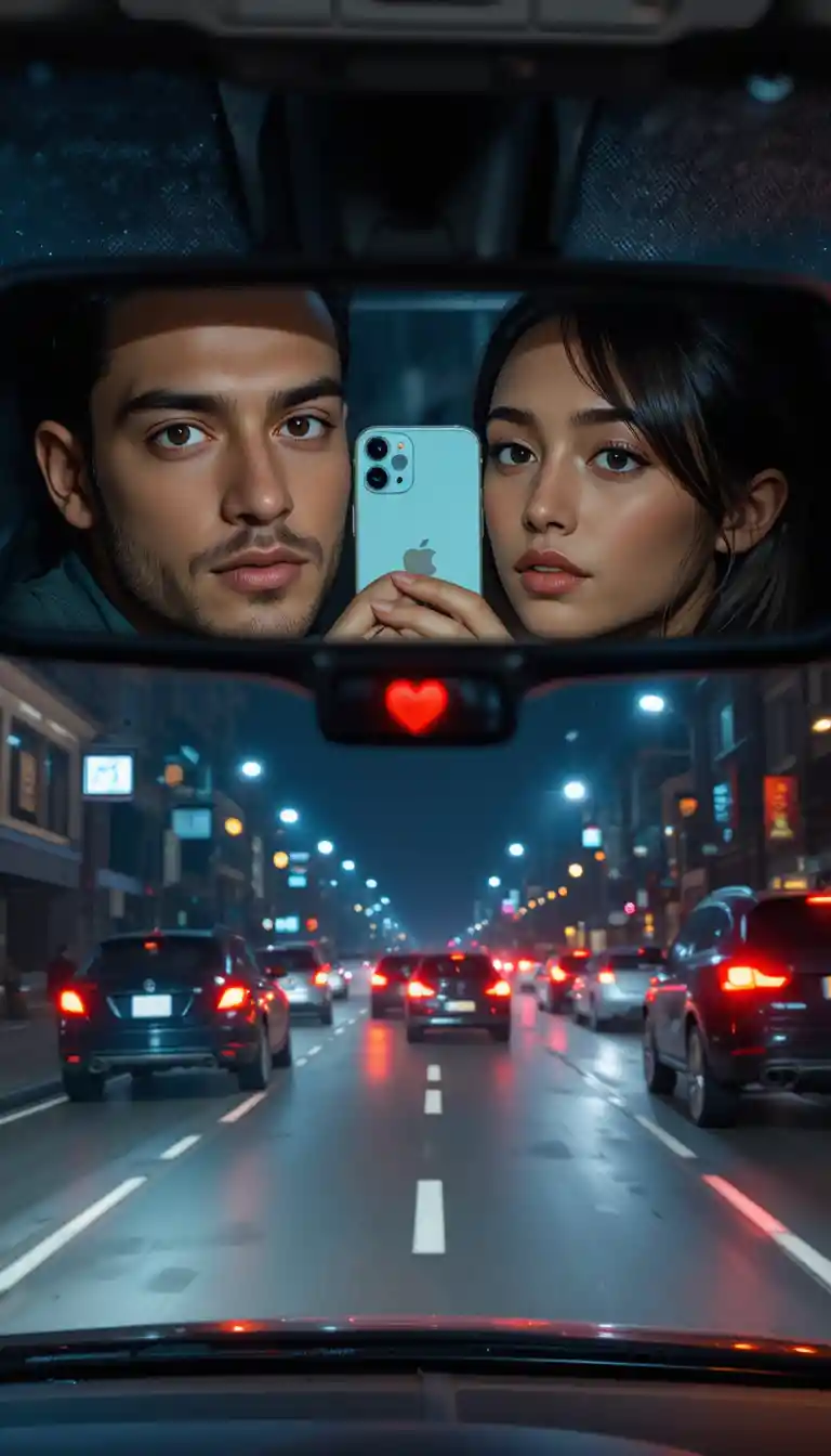 Night car interior with couple reflected in rearview mirror