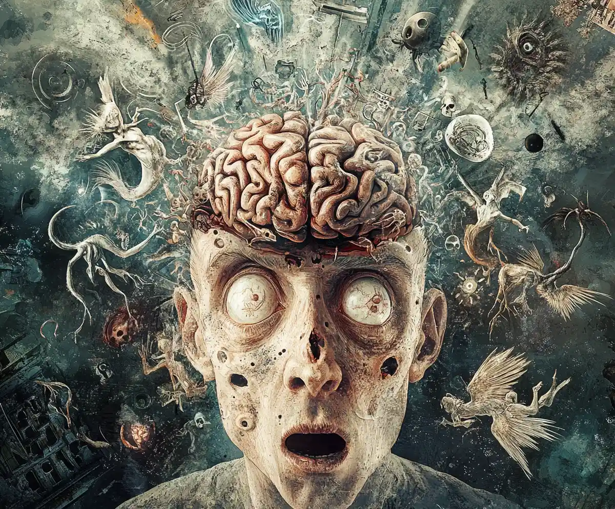Surreal close up of a man with angels and devils