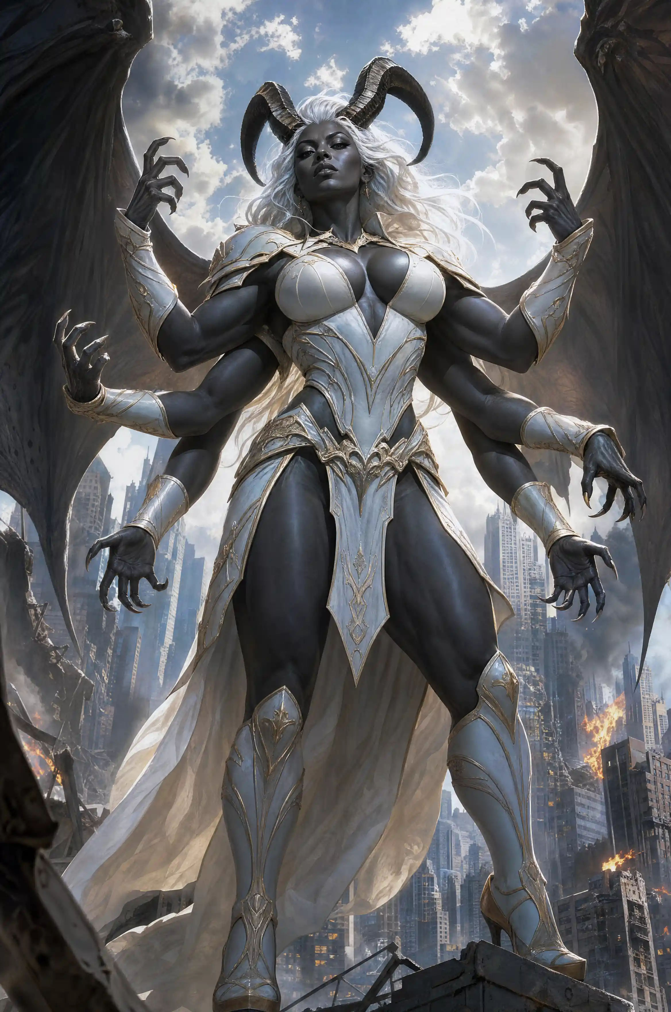 Six armed succubus heroine over a besieged city