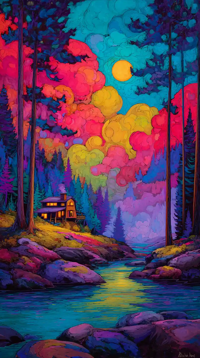 Surreal river valley at dawn with house above rocky shore
