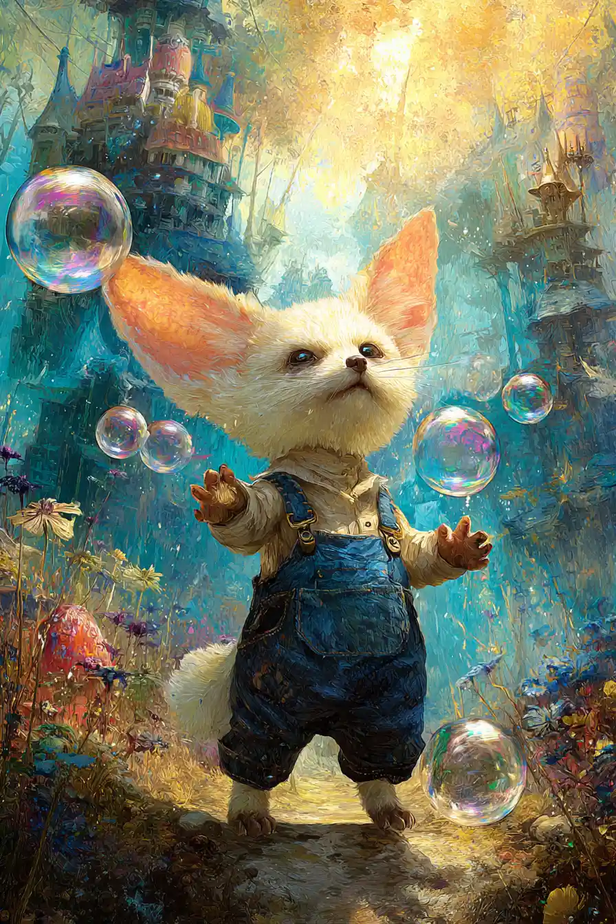 Whimsical Fennec Fox Juggling Bubbles In Fantasy Landscape