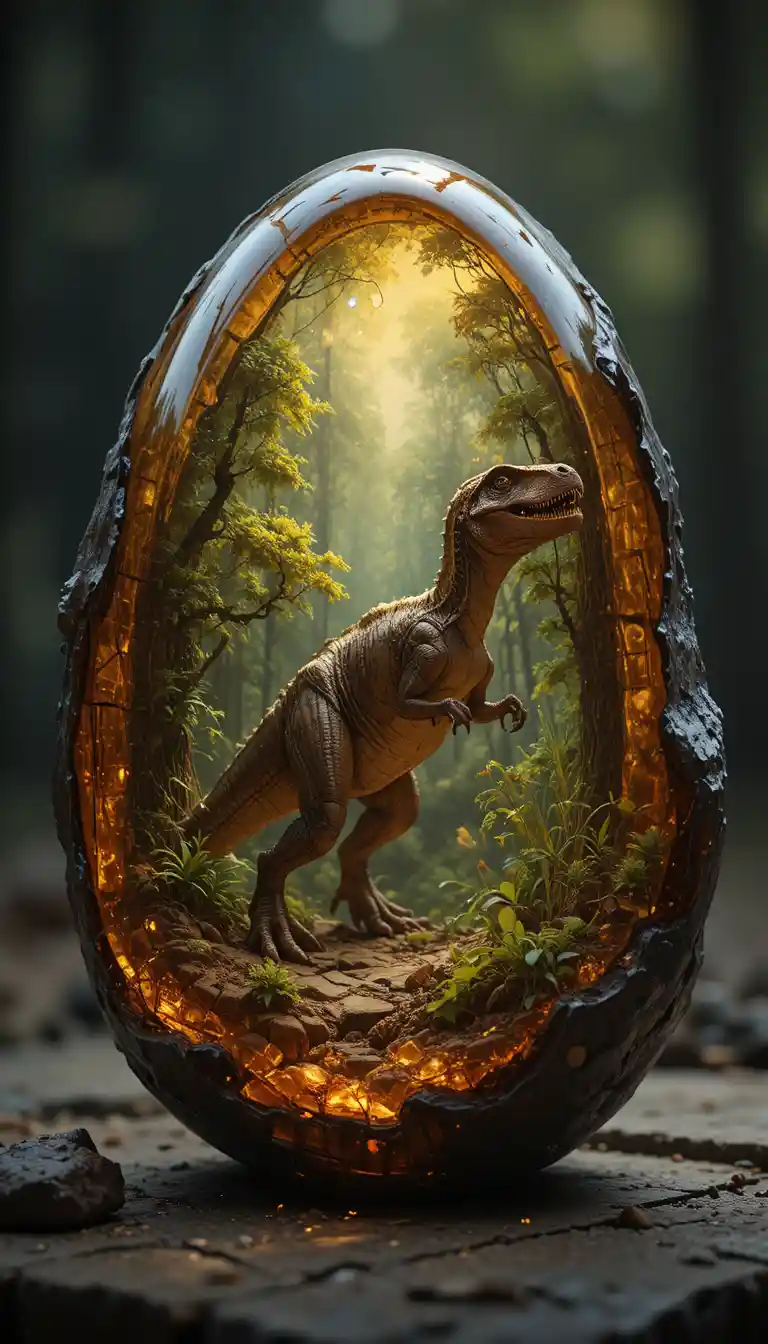 Ancient Forest And Dinosaur Encased In Glowing Amber