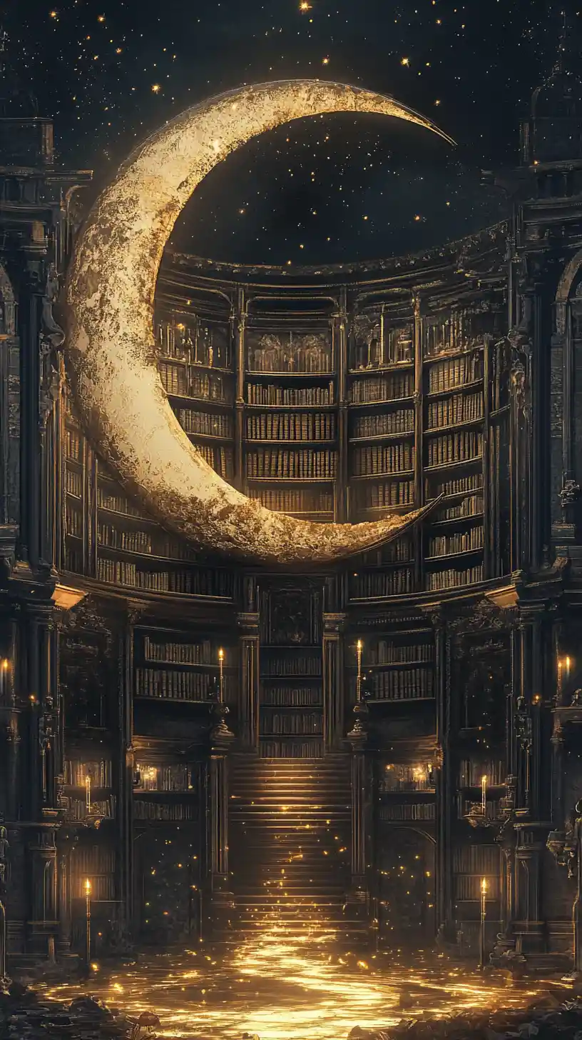 Crescent moon framing a gothic library of golden candlelight
