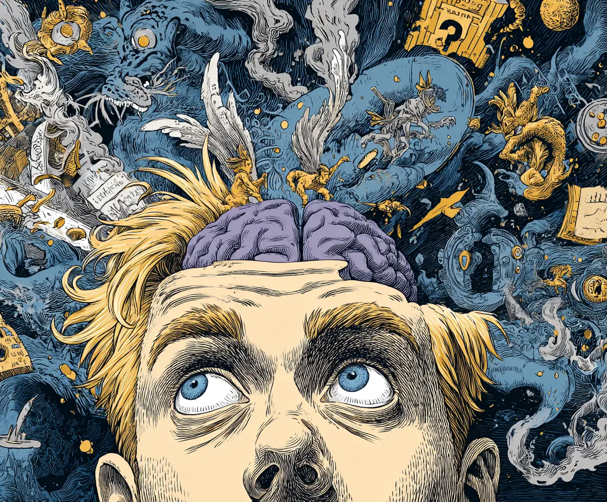 Surreal man with open skull and swirling angels and devils