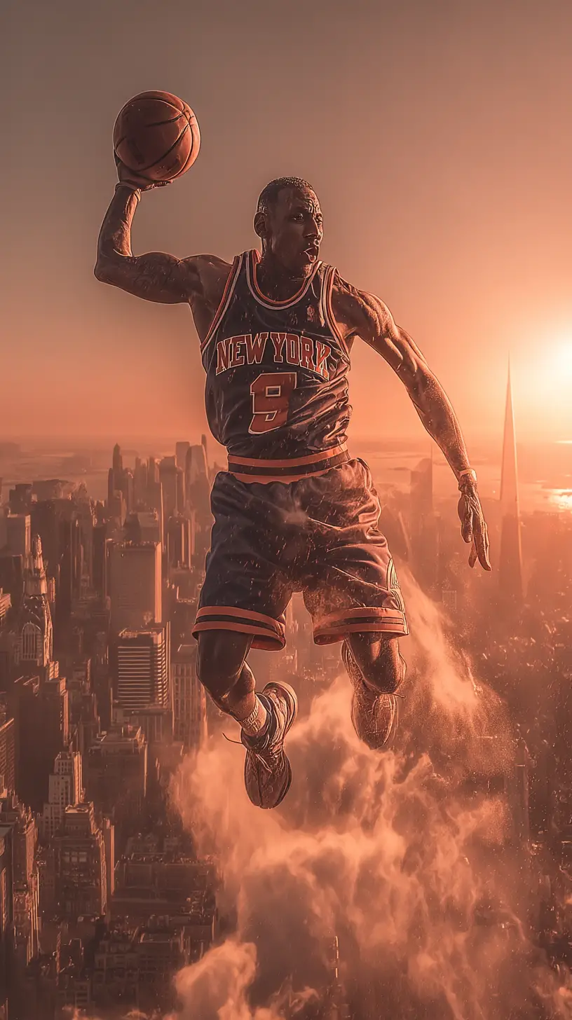 Riesiger Basketballspieler überragt die Skyline von New York