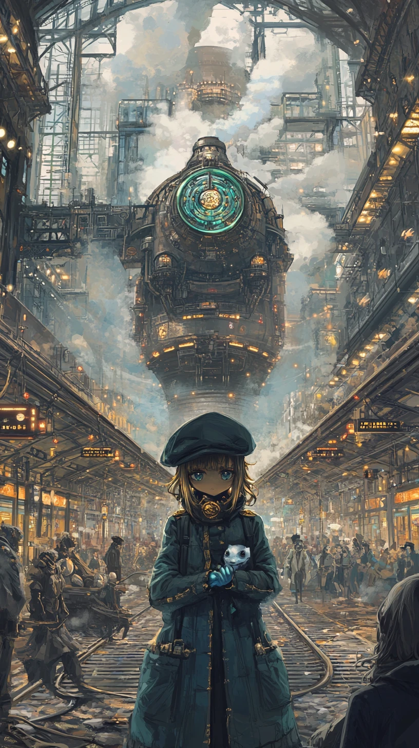 Old fantasy train station with stained glass and distant crowd