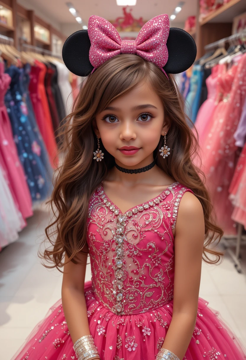 Young princess in pink Minnie dress at Disney boutique