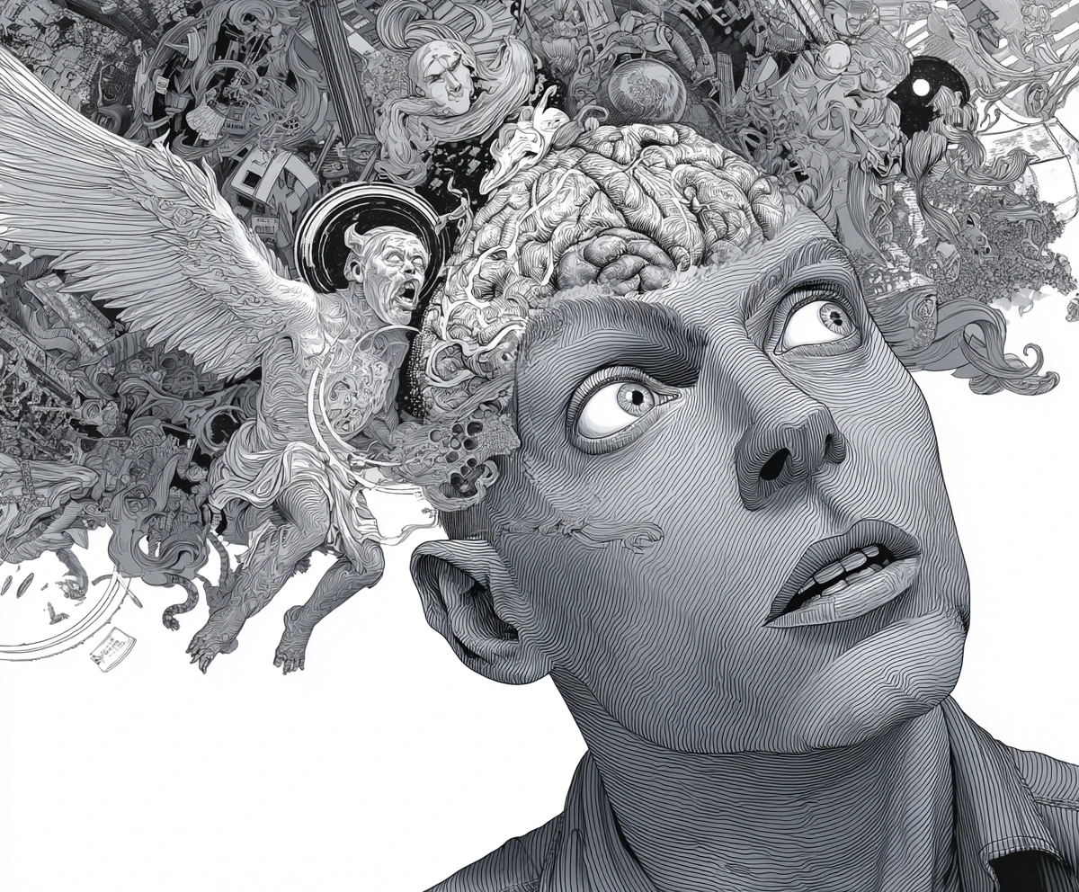 Surreal man with open skull and battling angels and devils