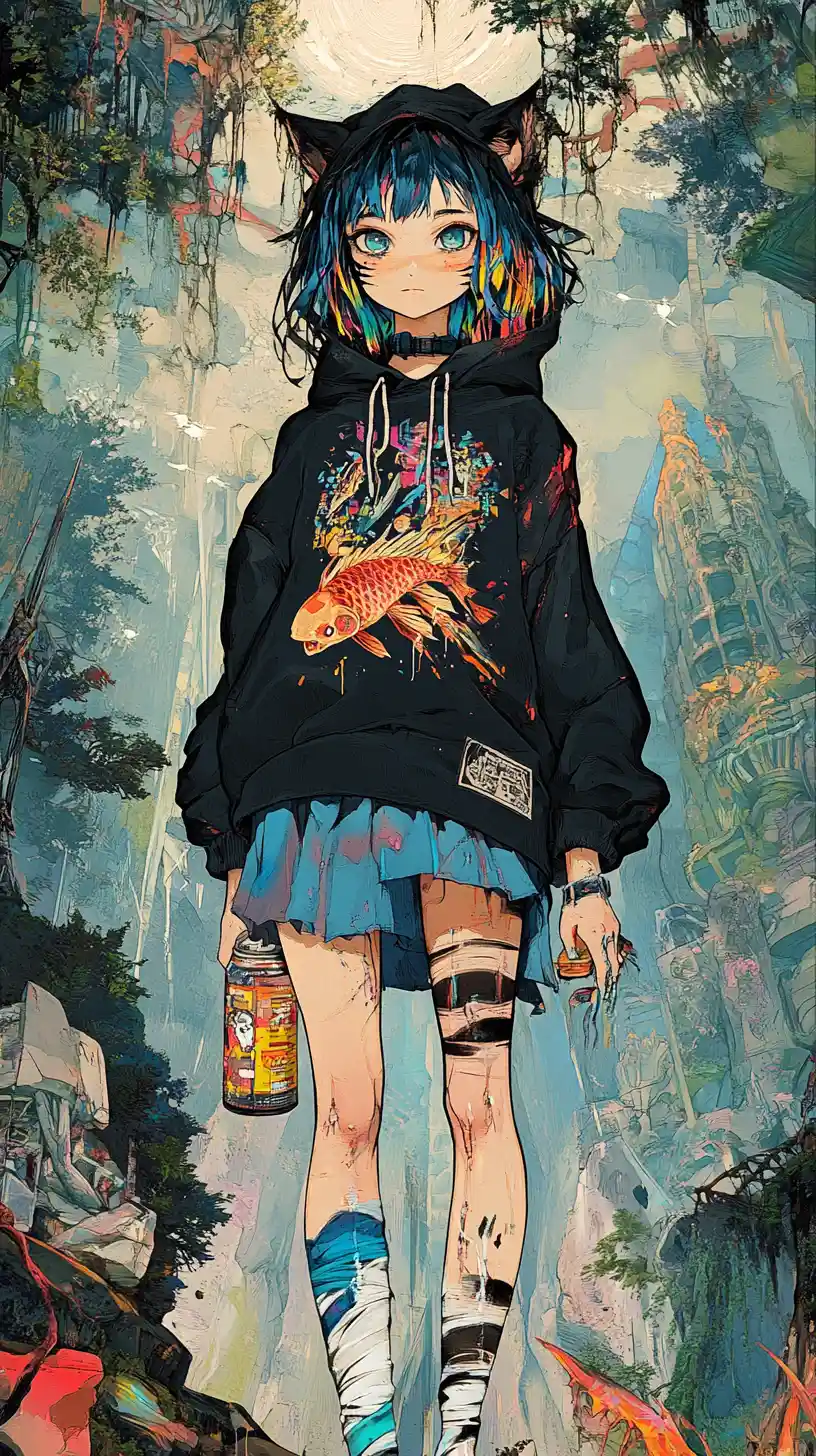 Punk anime girl with spray paint in a graffiti hoodie