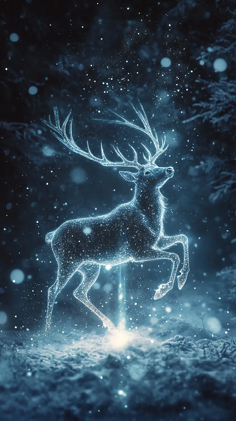 Glowing stag leaping through a surreal dreamlike landscape