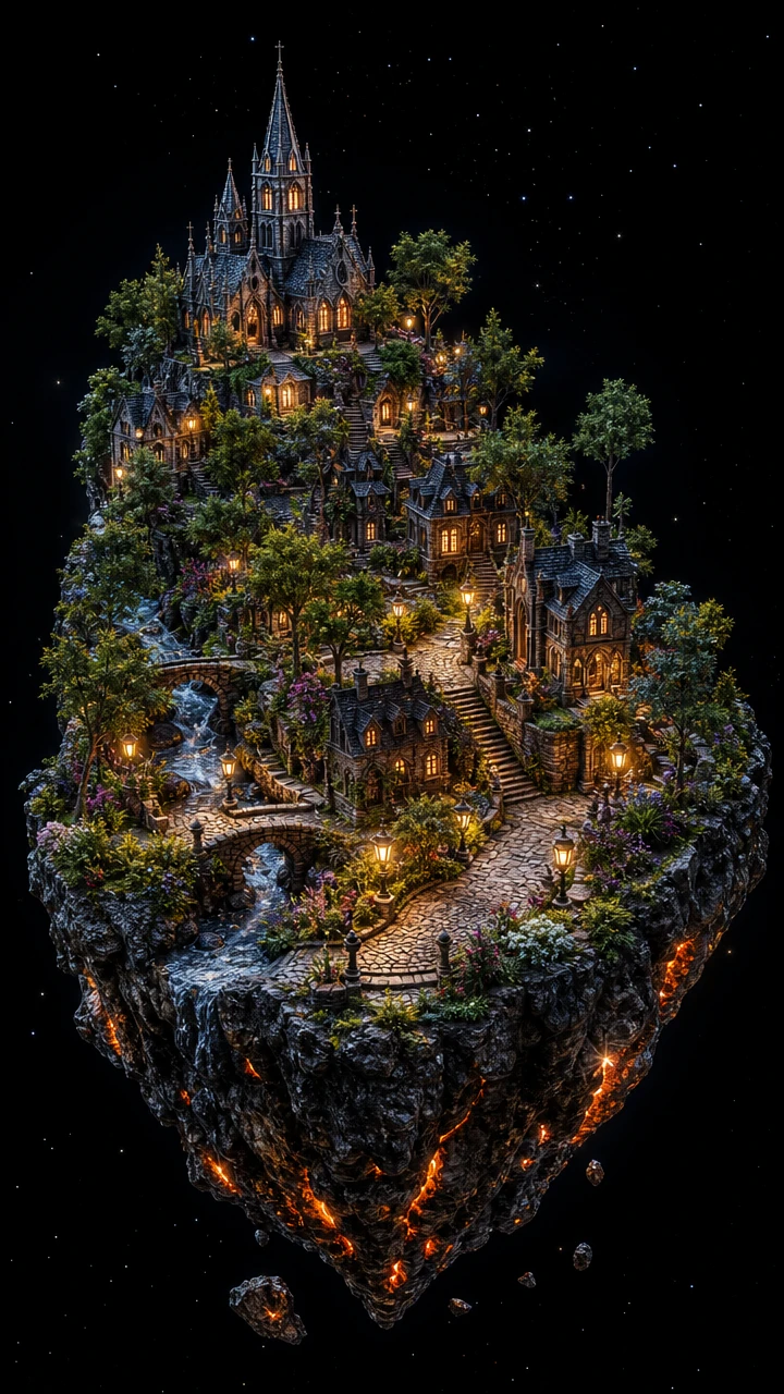 Gothic village floating on volcanic rock in empty space