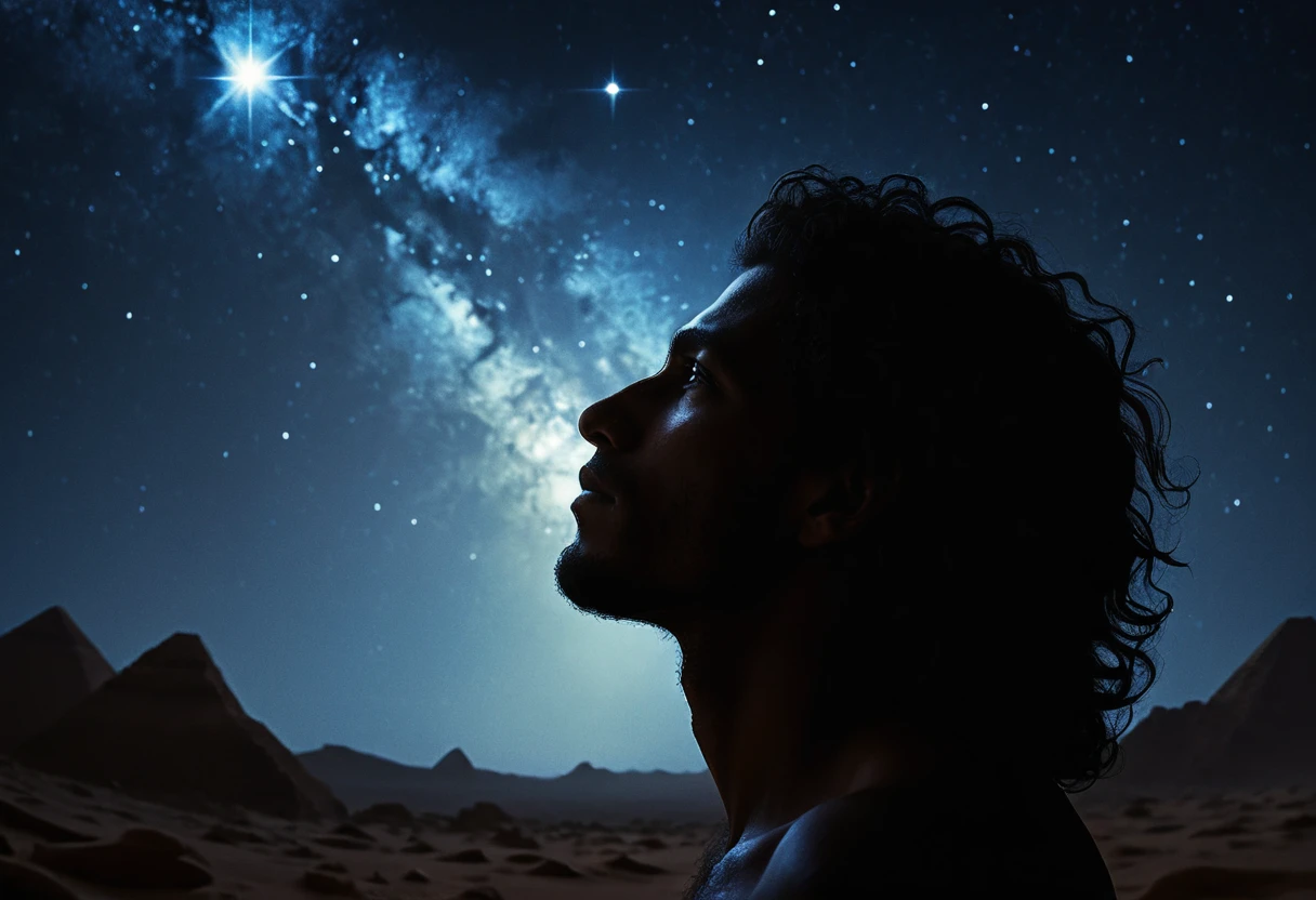 Man gazing up at the stars on a dark cosmic night