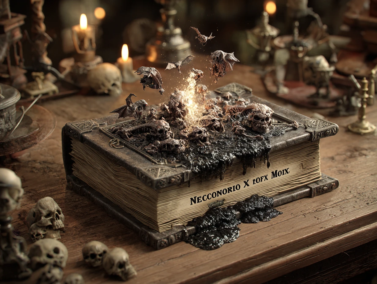 Creepy 3D scene of demons emerging from cursed book