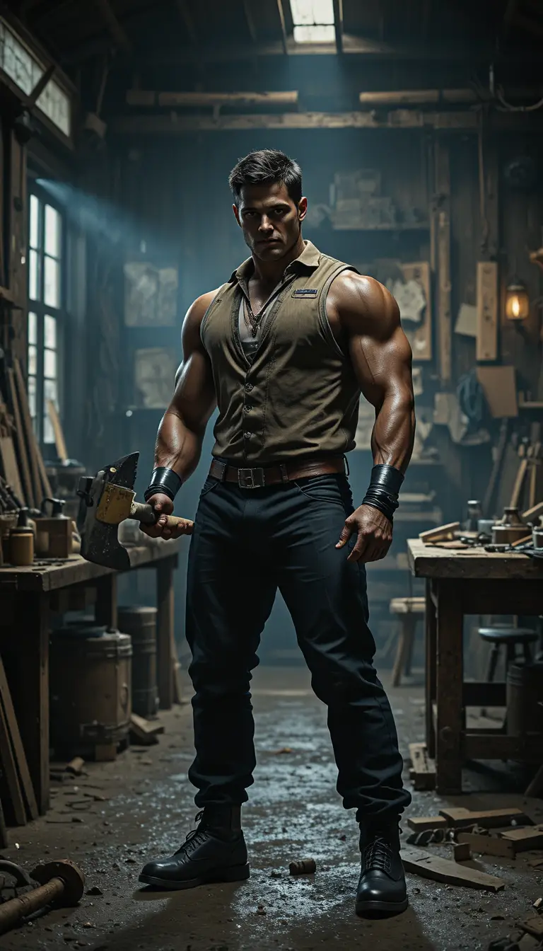 Muscular man with axe in a dark gritty workshop