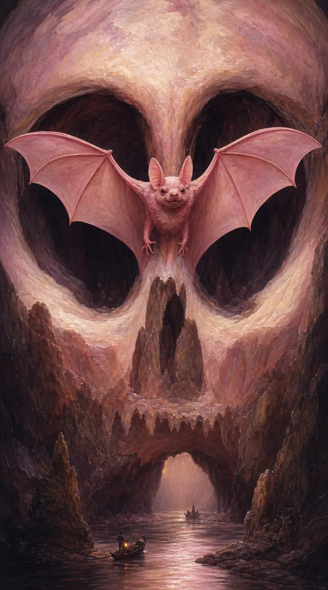 Surreal pink bat in flight fine art illustration