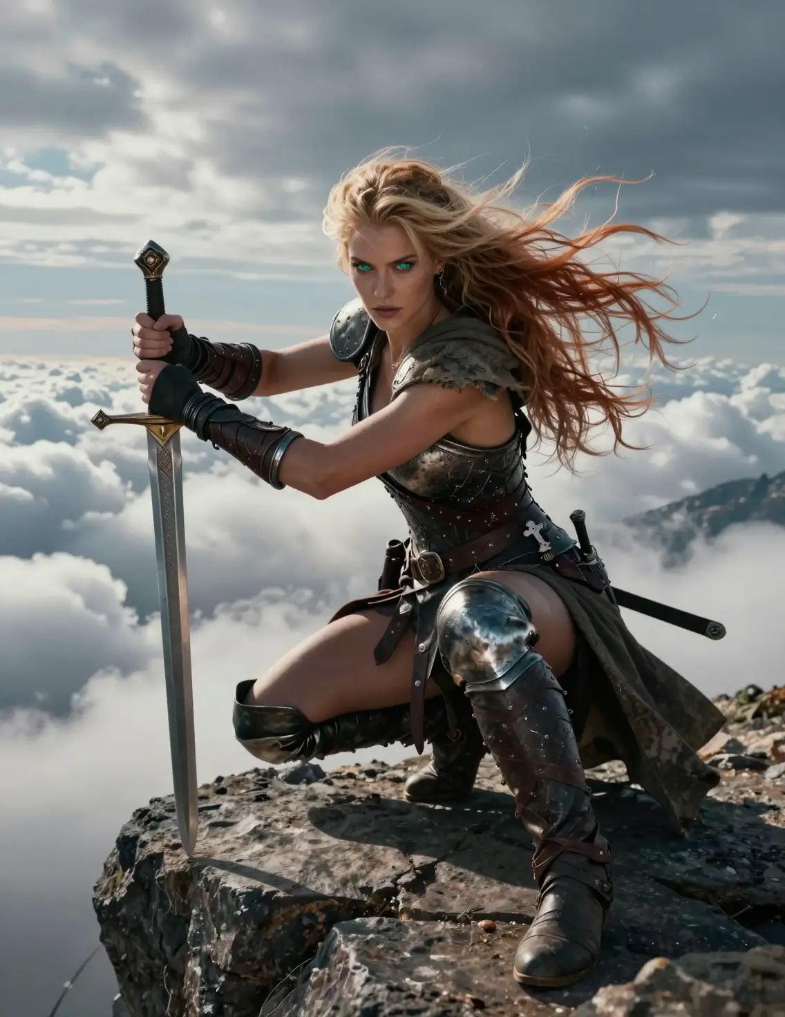 Blonde warrior woman poised on a rocky cliff