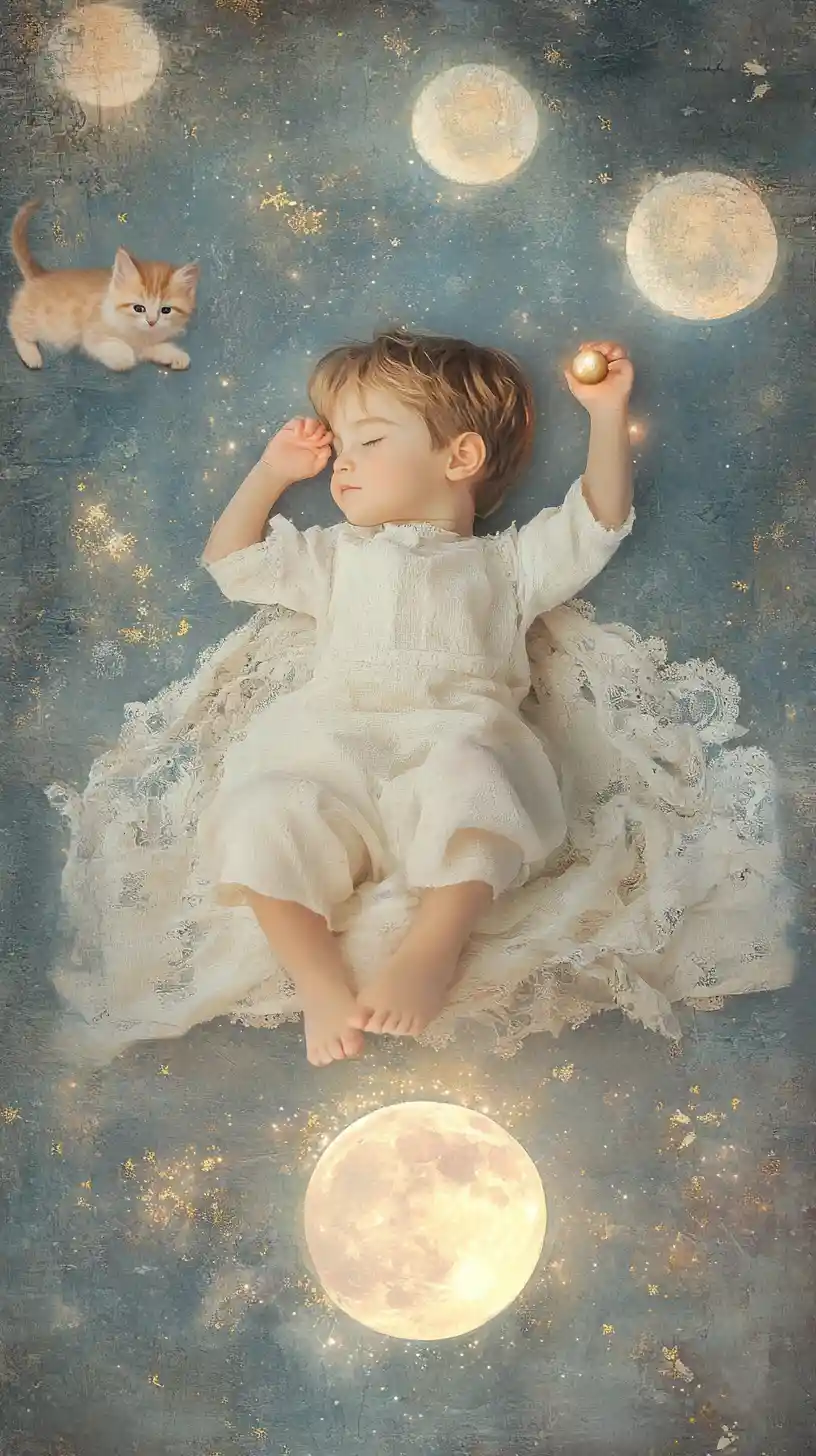 Young boy floating in space with glowing ball and kitten