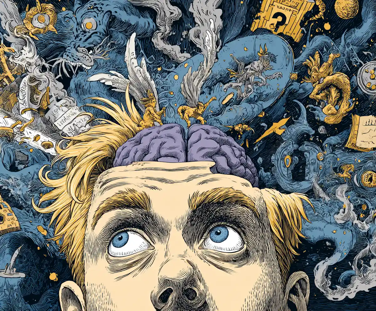 Surreal man with open skull and swirling angels and devils