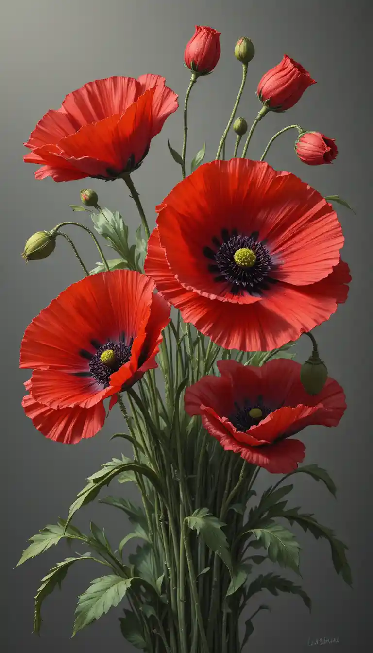 Lush red poppy bouquet oil painting with soft front light