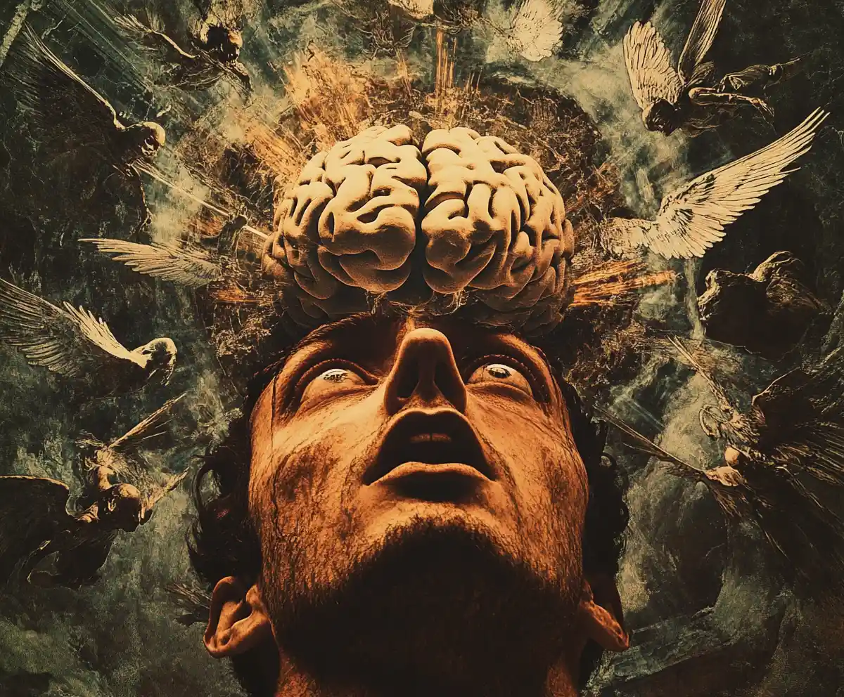 Surreal man with open skull and swirling angels and devils