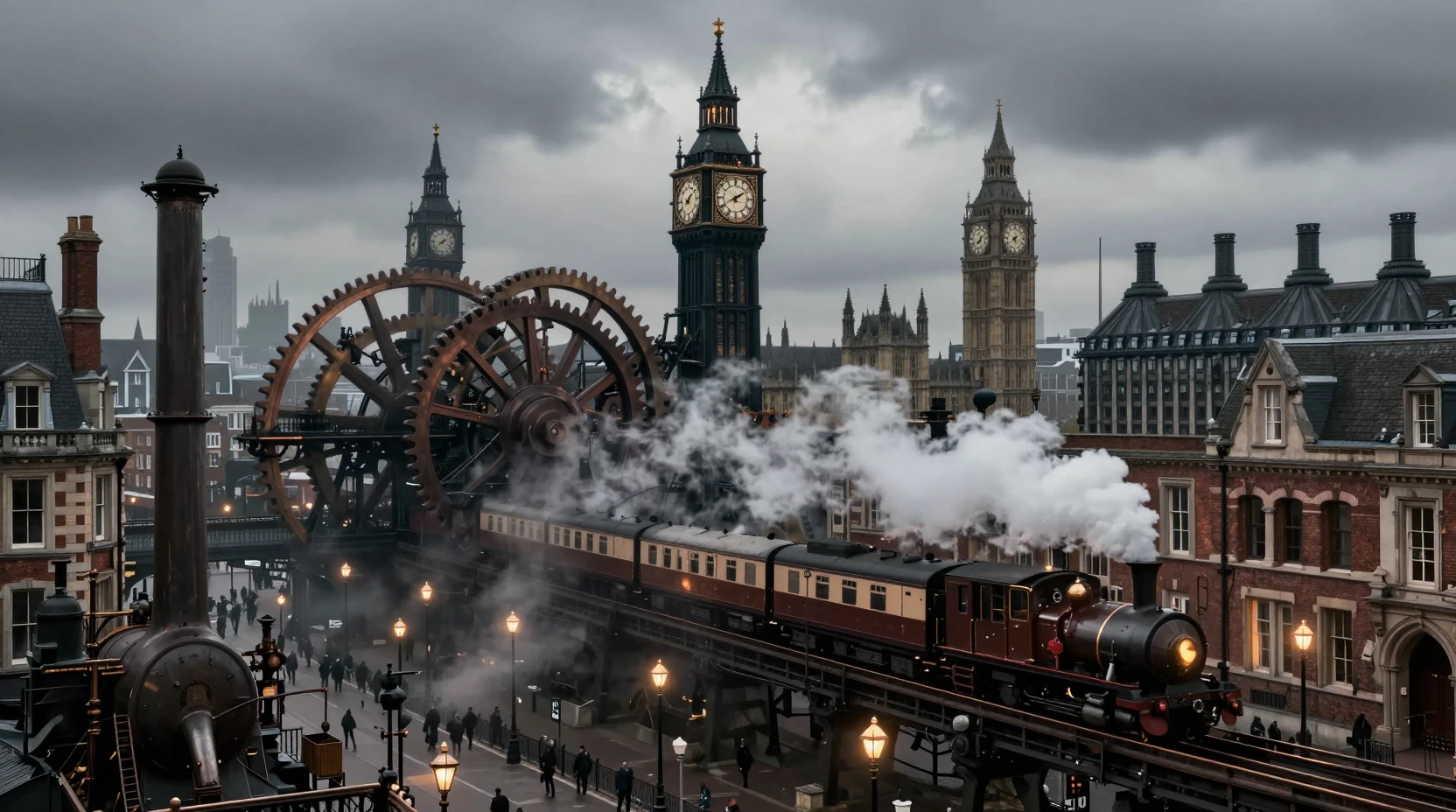 Alternate history steam powered London cityscape at night