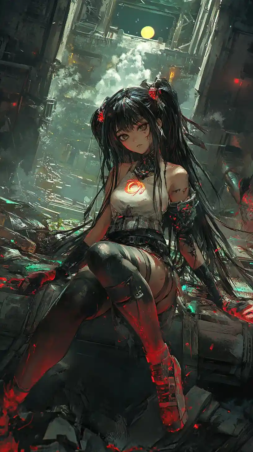 Anime girl in a ruined hall with a broken ship