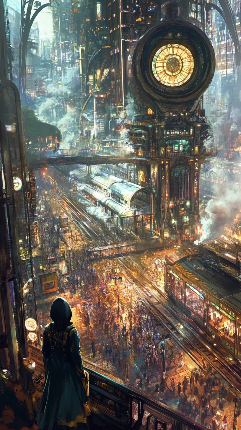 Fantasy anime railway station with stained glass and steam