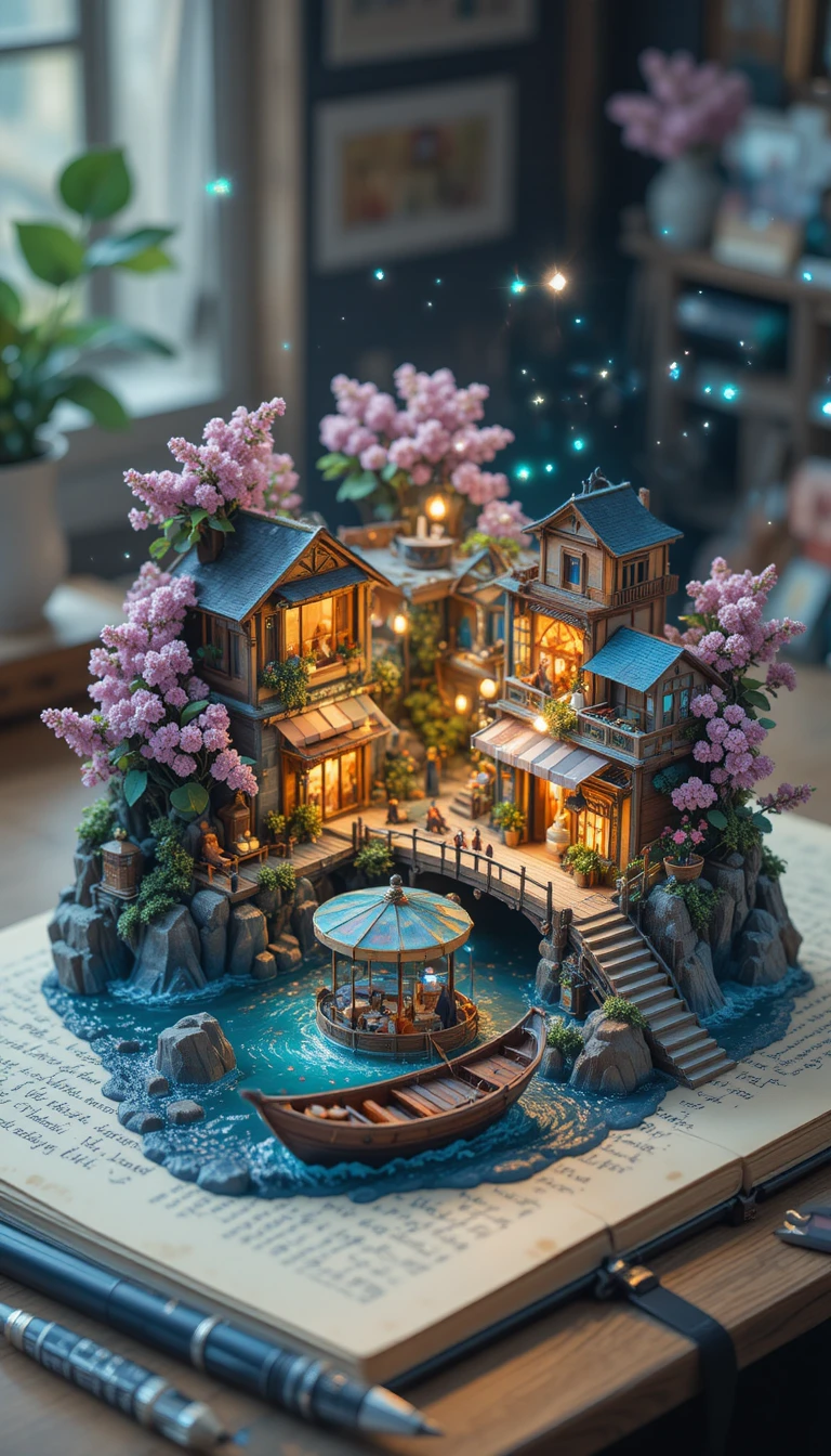Miniature isometric city growing from a manuscript page