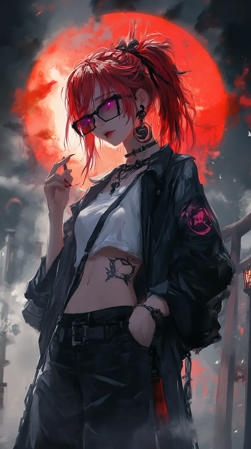 Tired anime girl in formal outfit smoking after party