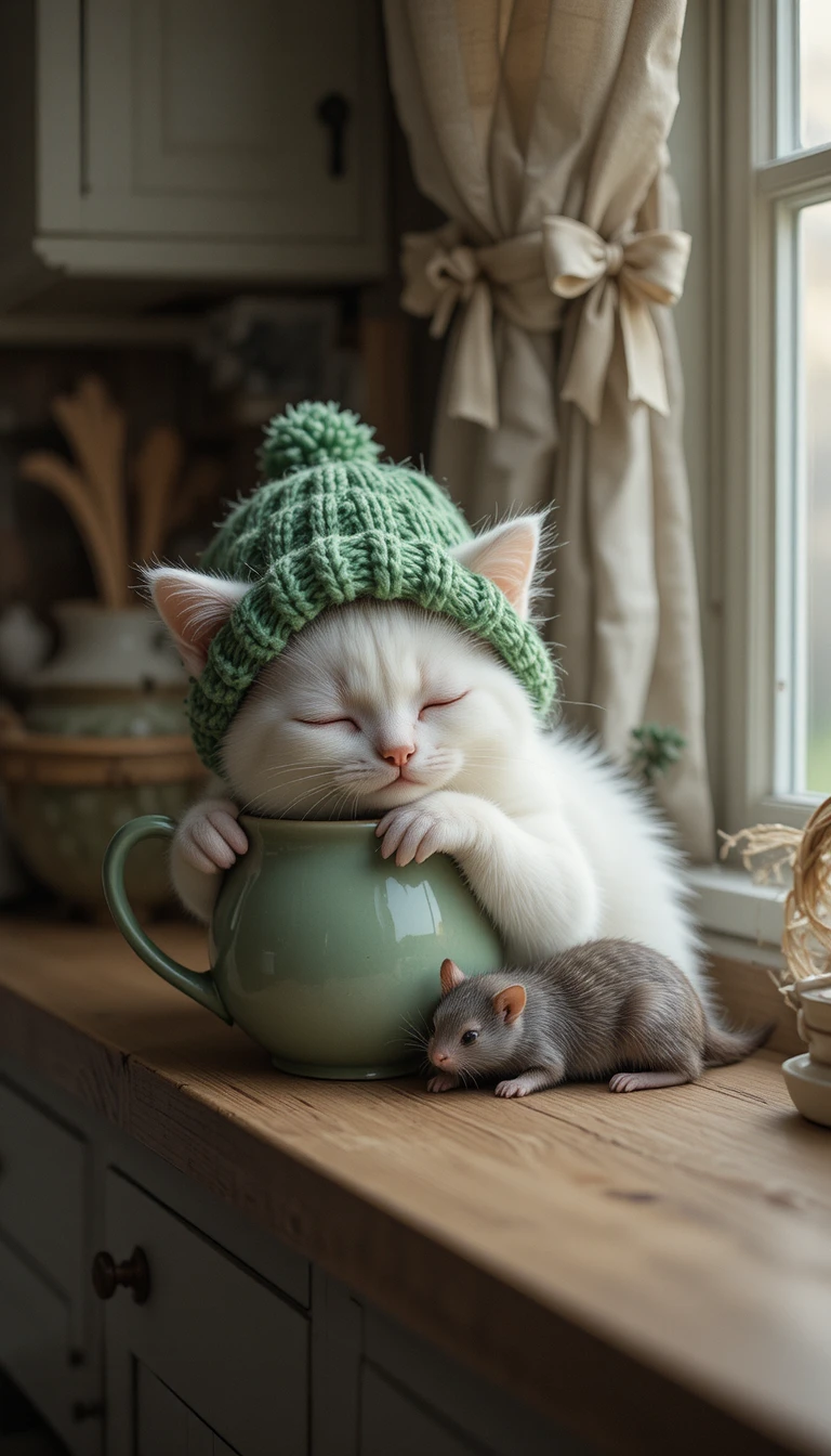 Cute white kitten sleeping with cocoa on kitchen table