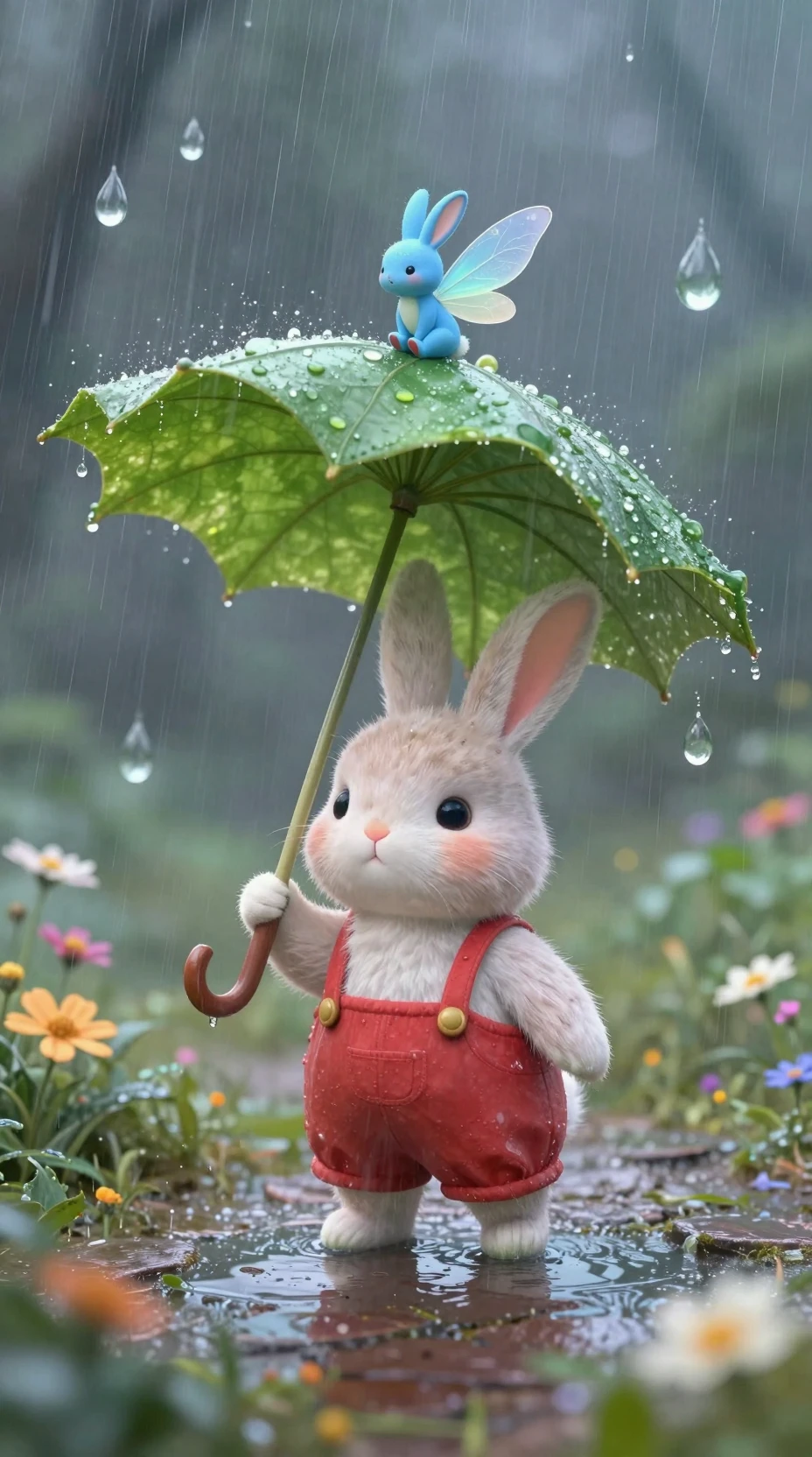 Cute rabbit and tiny fairy sheltering under a leaf