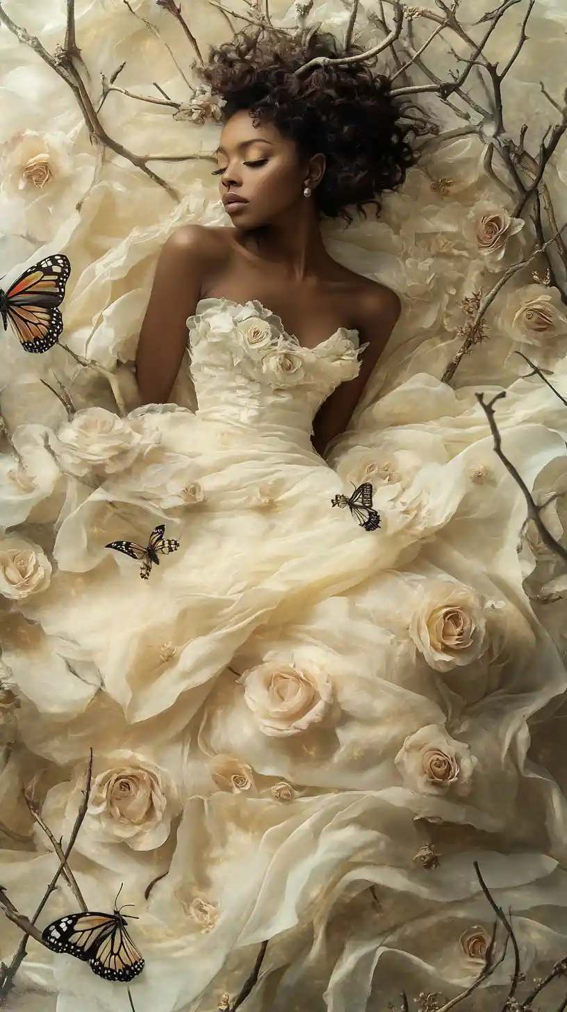 Dark skinned fairy woman in ivory gown fading into roses