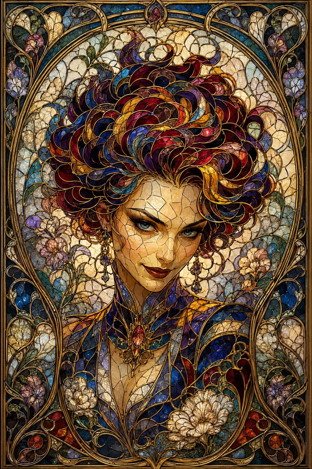 Stained glass portrait of a mysterious woman with wild curls