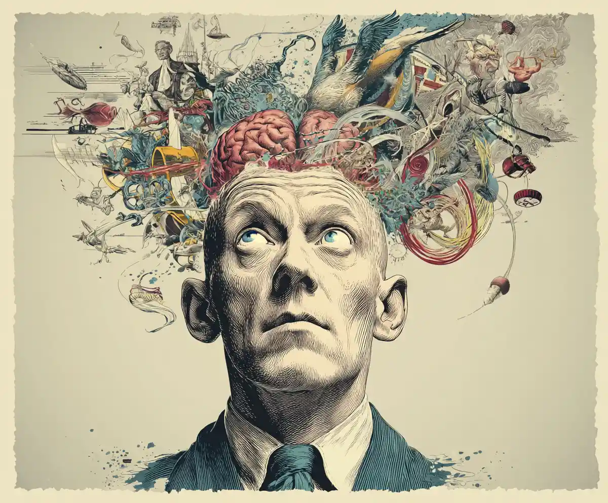 Surreal man with open skull and swirling angels and devils