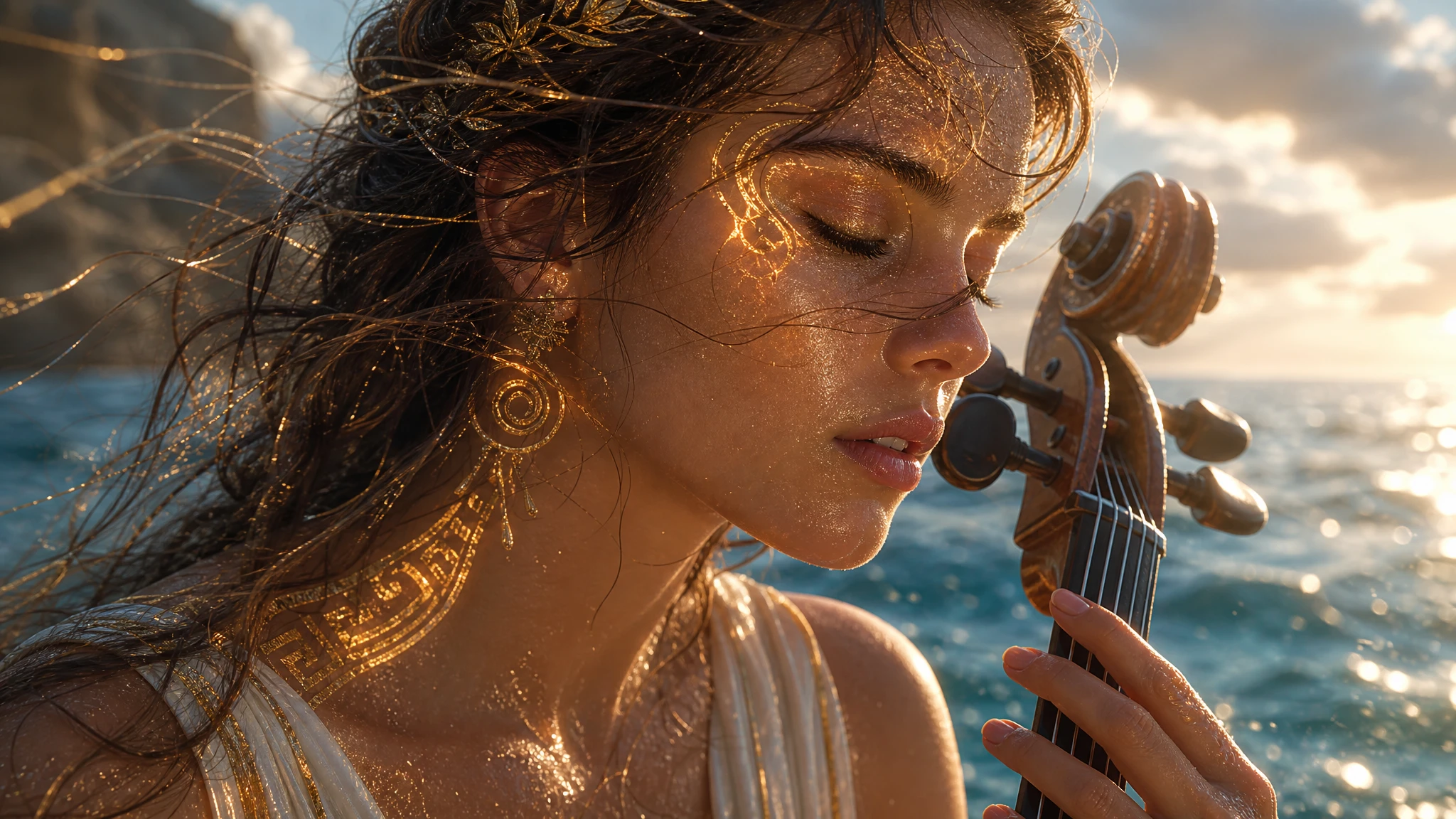 Woman by the sea in a serene glowing close up