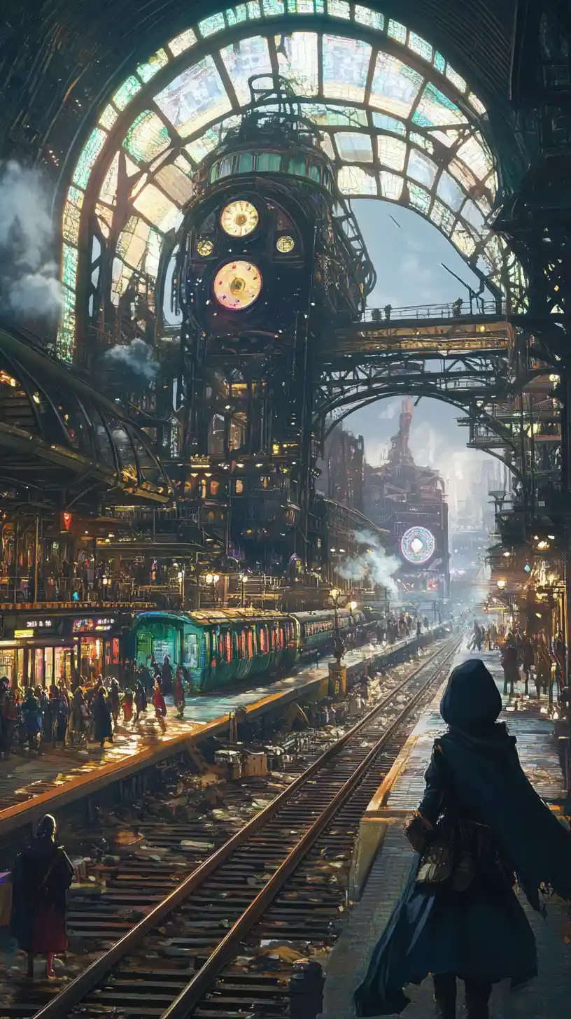 Anime girl in an old stained glass fantasy train station