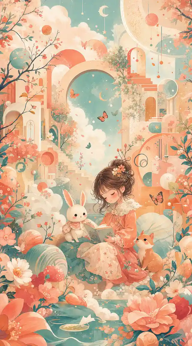 Playful funky illustration in pastel sage and coral colors