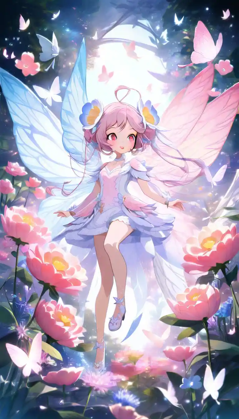 Chibi fairy girl watching a white butterfly in a garden