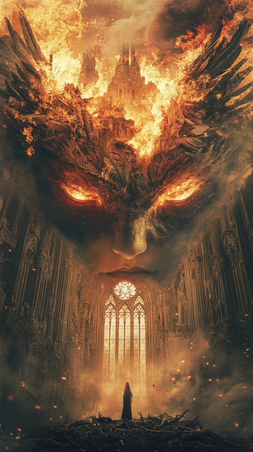 Surreal phoenix merging with a woman in sacred ruin