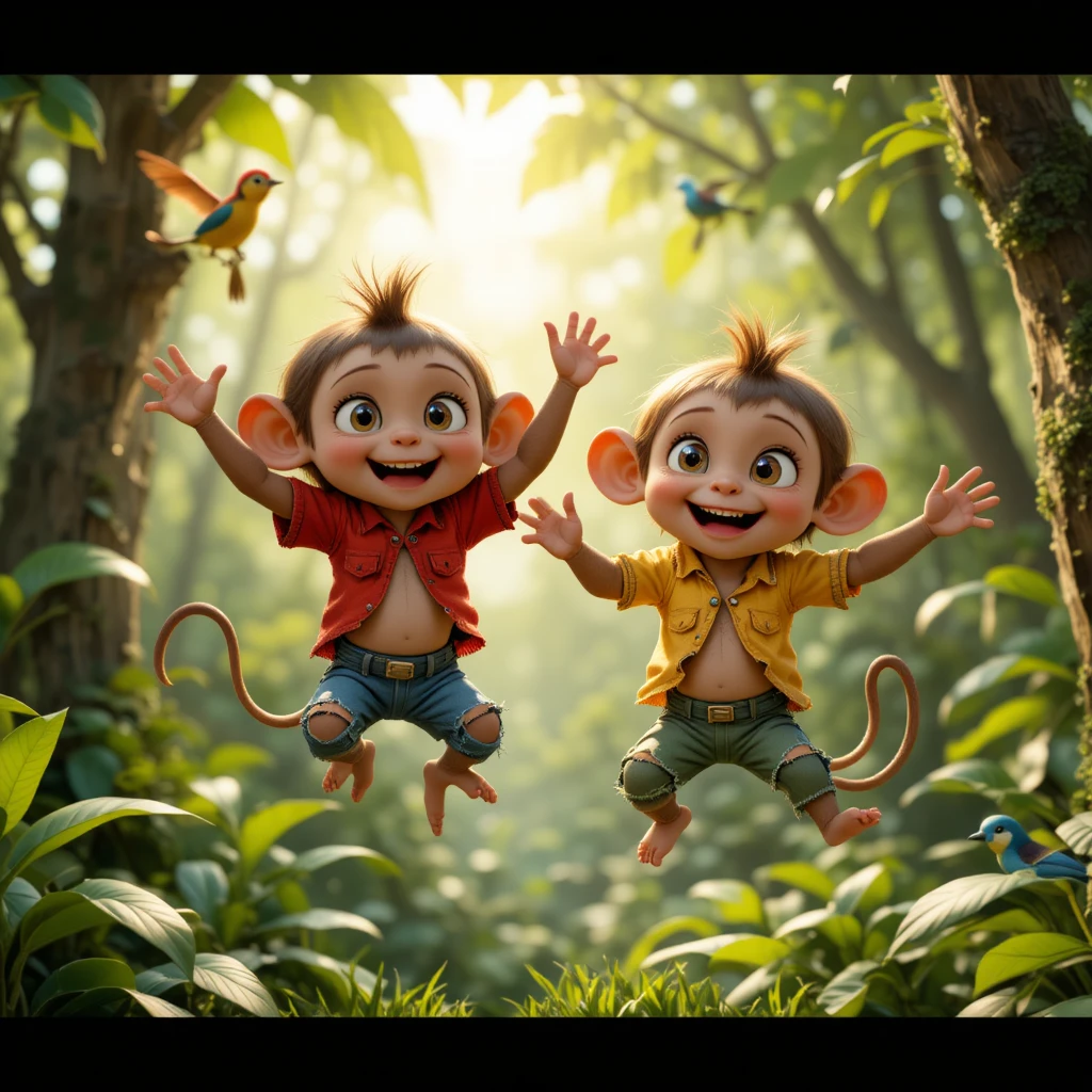 Baby monkeys playing together in a lush green jungle