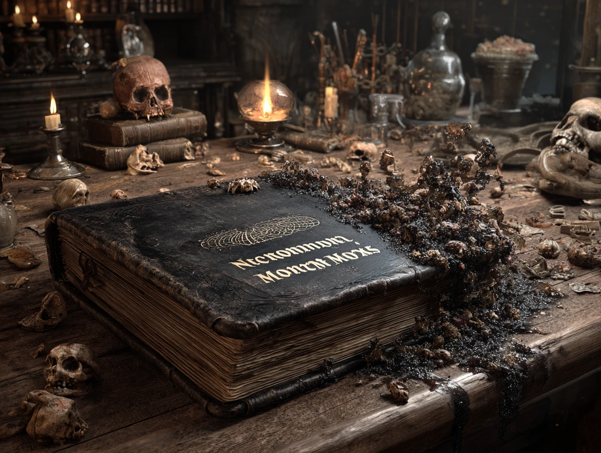 Cursed Demon Filled Tome On Ancient Wooden Table