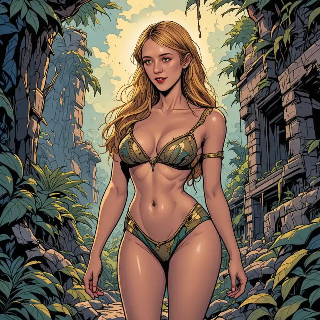 Amazon woman posing in lingerie among ancient jungle ruins