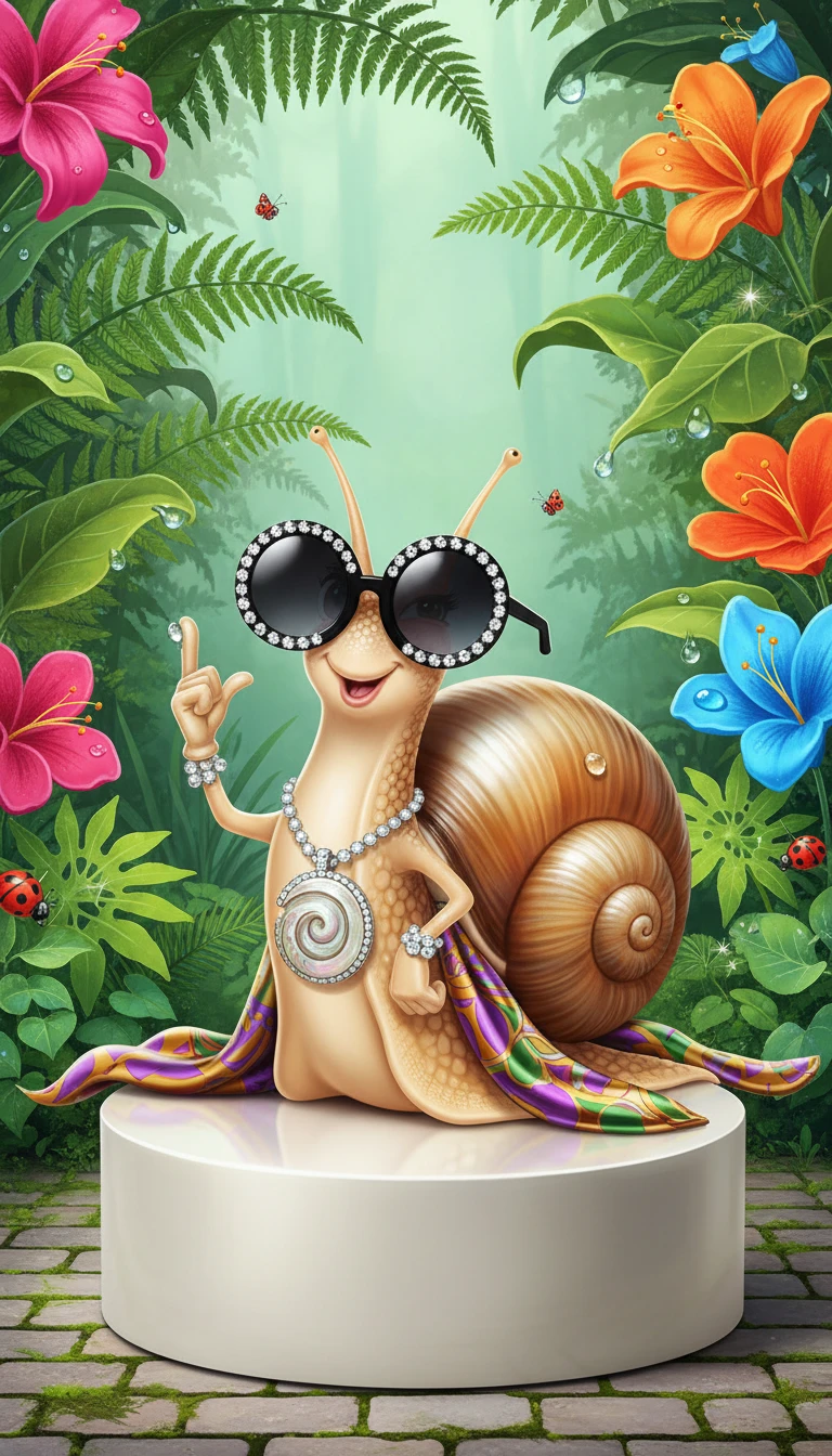 Playful Snail Model With Sunglasses On White Podium