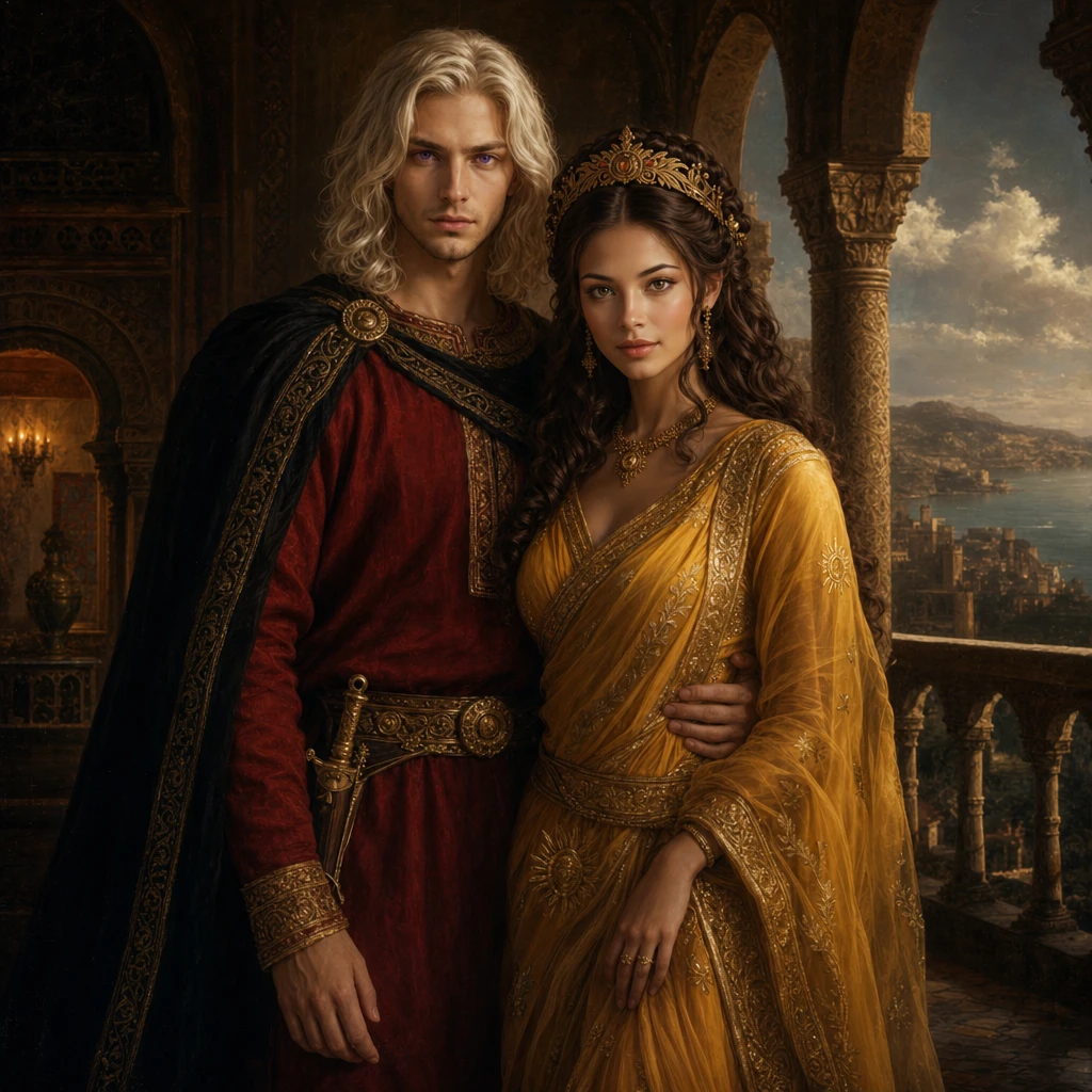 Renaissance style double portrait of a couple on terrace