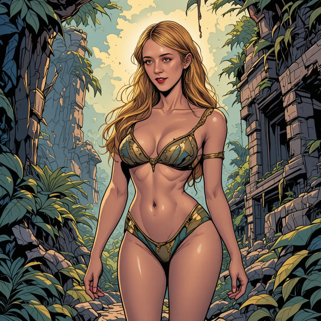 Amazon woman posing in lingerie among ancient jungle ruins