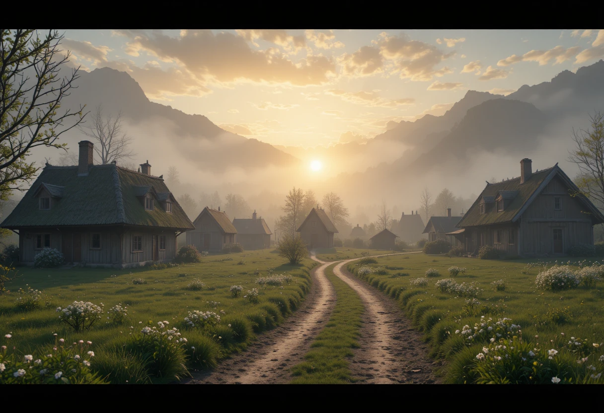 Ancient nordic village at sunrise in spring fog