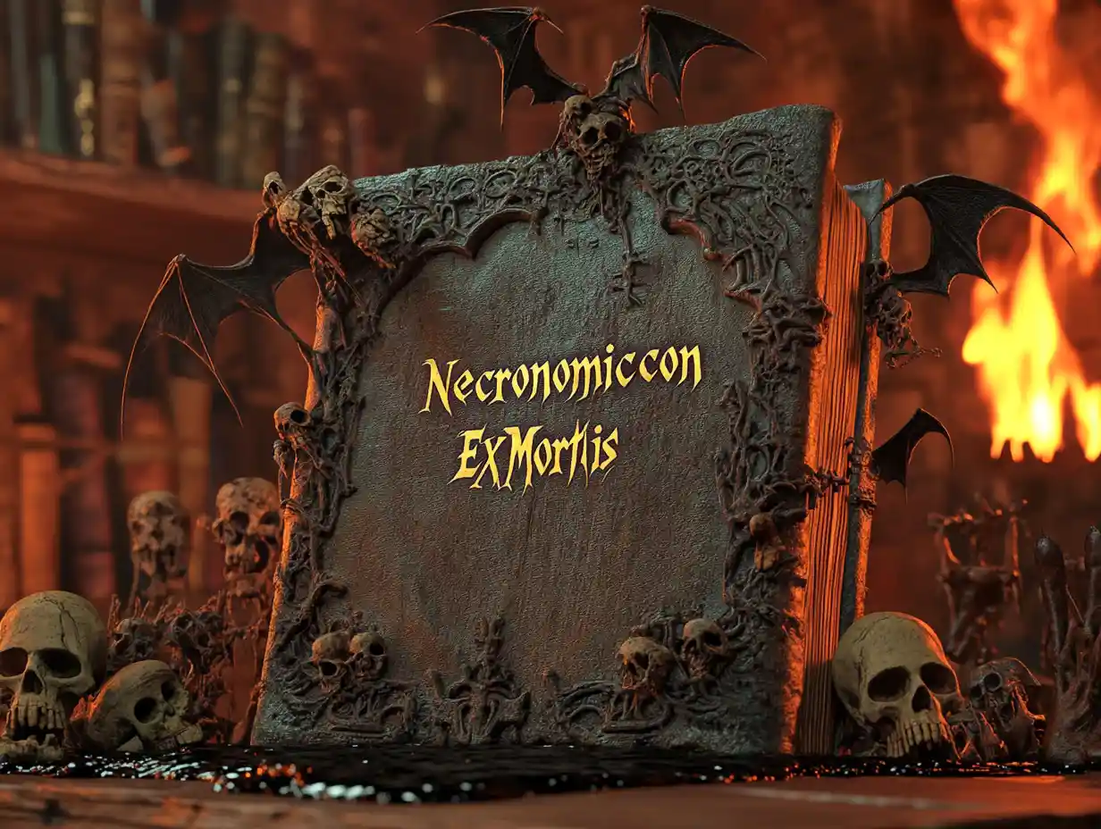 Cursed magic book releasing demons in a dark room