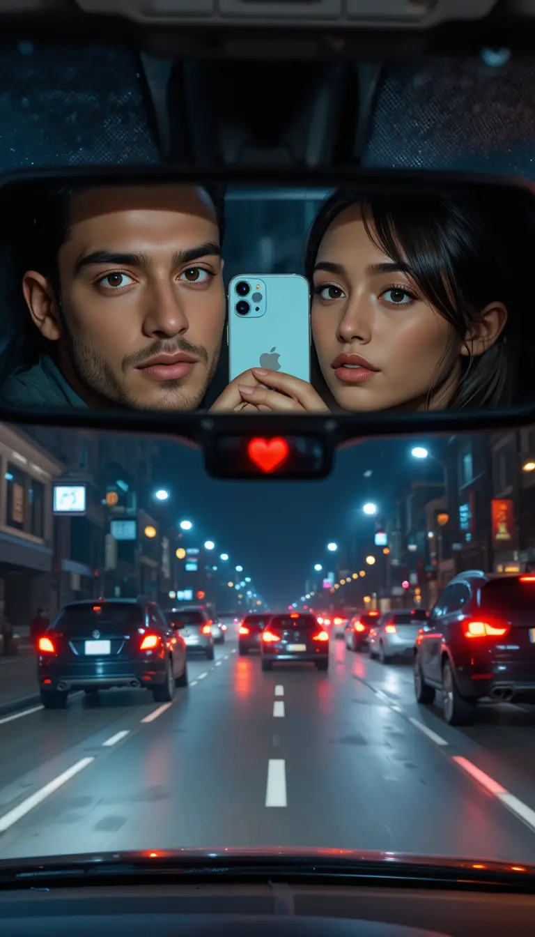 Night car interior with couple reflected in rearview mirror