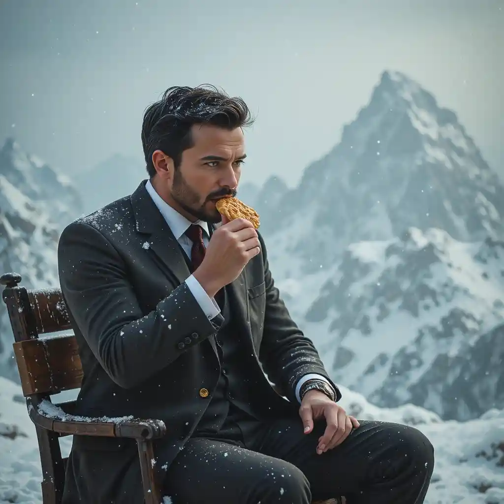 Man in suit eating biscuit on snowy mountain summit