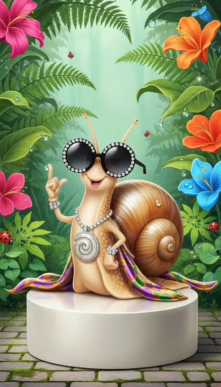 Playful Snail Model With Sunglasses On White Podium
